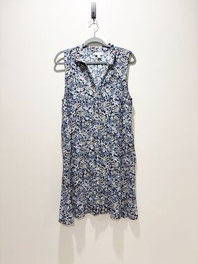 J. Jill Navy Floral Sleeveless Shift Shirt Dress Button Front Rayon Pockets Sz L